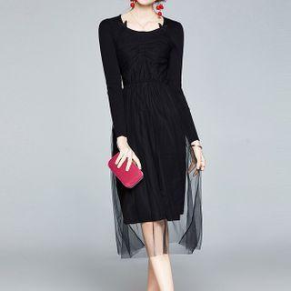 Long-sleeve Shirred Midi A-line Mesh Dress Black - One Size