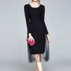 Long-sleeve Shirred Midi A-line Mesh Dress Black - One Size