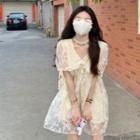 Short-sleeve Lace Trim A-line Dress Beige - One Size