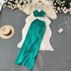 Set Of 2 : Suspender Cropped Top + High-waist Knotted Slit Maxi Skirt
