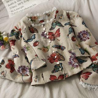Lace-trim Butterfly-print Cropped Blouse Khaki - One Size