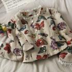 Lace-trim Butterfly-print Cropped Blouse Khaki - One Size