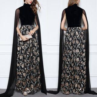 High Neck Velvet Panel Embroidered Evening Gown