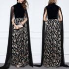 High Neck Velvet Panel Embroidered Evening Gown