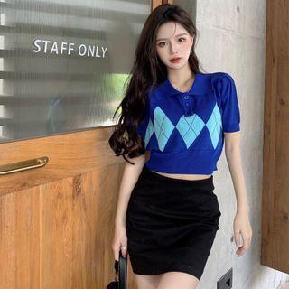 Short-sleeve Argyle Print Polo Knit Top Argyle - Blue - One Size
