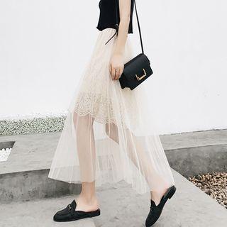 Mesh-covered Lace Maxi A-line Skirt