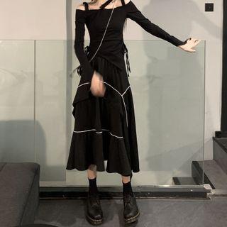 Long-sleeve Off-shoulder Drawstring Crop Top / Midi A-line Skirt