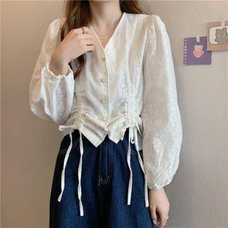 V-neck Drawstring Lace Blouse