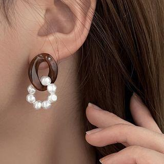 Acetate Faux Pearl Dangle Earring Brown & White - One Size