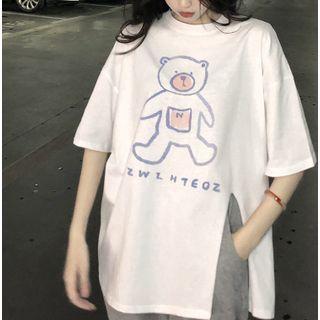 Elbow-sleeve Bear Print Slit T-shirt