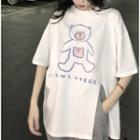 Elbow-sleeve Bear Print Slit T-shirt