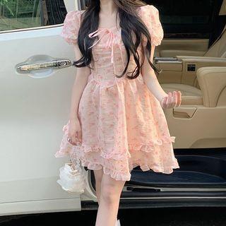 Puff-sleeve Floral Frill Trim Mini Corset Dress Floral - Pink - One Size