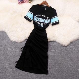 Short-sleeve Lettering Drawstring Midi A-line Dress