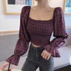 Plaid Bell-sleeve Cropped Blouse As Shown In Figure - One Size