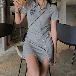 Short-sleeve Badge Embroidered Asymmetrical Polo Bodycon Dress