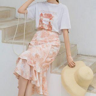 Set : Short-sleeve Print T-shirt + Floral Irregular   Midi Skirt
