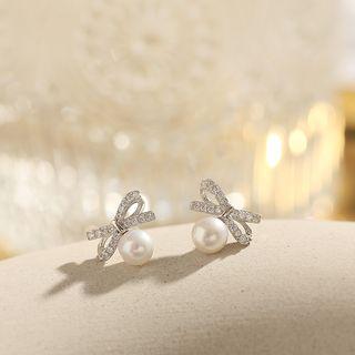 Sterling Silver Rhinestone Bow Beaded Earrings
