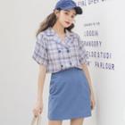 Elbow-sleeve Plaid Double Breasted Shirt / A-line Mini Skirt / Set