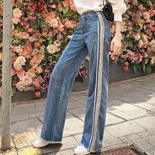 Print Panel Wide Leg Jeans
