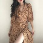 Leopard Print Elbow-sleeve A-line Chiffon Dress