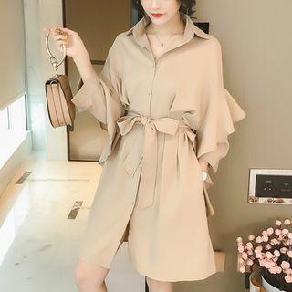 3/4-sleeve Ruffle-trim A-line Shirtdress