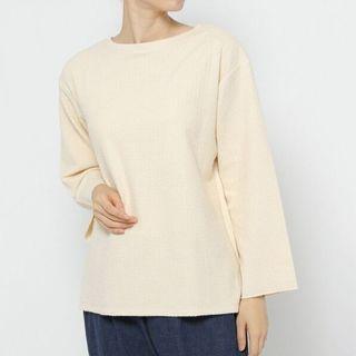 Long-sleeve Plain Knit Top Beige - L