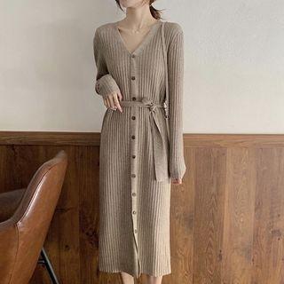 Long Sleeve V-neck Tie-waist Knit Dress