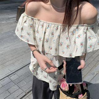Off-shoulder Floral Printed Top Almond - One Size