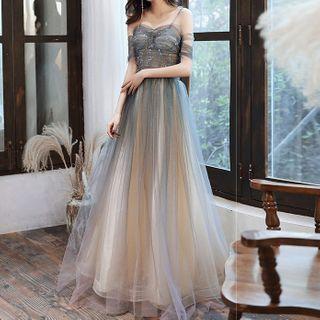 Off-shoulder Sequined Gradient Mesh A-line Evening Gown