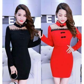 Lace Trim Mandarin Collar Long Sleeve Dress