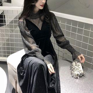 Set: Balloon-sleeve Glitter Mesh Top + Velvet Pinafore Dress