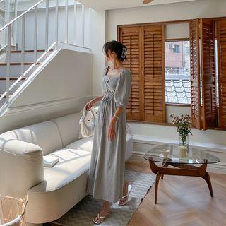 Puff-sleeve Button-up Long Dress