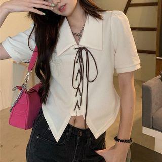 Short-sleeve Lace-up Slim-fit Blouse