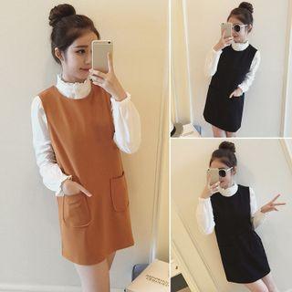 Set: Stand-collar Long-sleeve Blouse + Sleeveless Dress