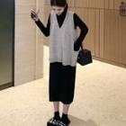 Set: Long-sleeve Midi Sheath Dress + Knit Vest Set - Midi Dress - Black - One Size / Vest - Khaki - One Size