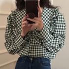 Peter Pan Collar Plaid Blouse Plaid - Green - One Size