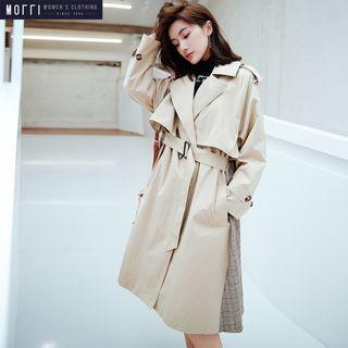 Patchwork Lapel Long Trench Coat With Sash