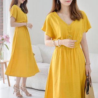 Deep V-neck Cap-sleeve Midi Dress