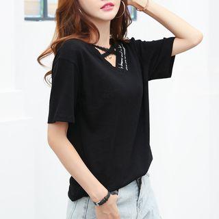 Elbow-sleeve Lace Strap Letter T-shirt