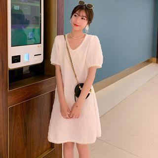 Puff-sleeve V-neck Faux Pearl Panel Dress