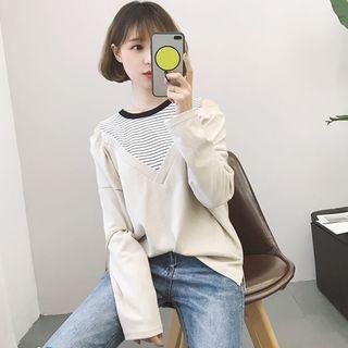Striped Panel Long-sleeve Cold Shoulder T-shirt