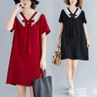 Short-sleeve Bow Accent Chiffon Shift Dress