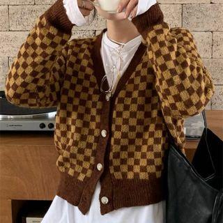 V-neck Plaid Long-sleeve Cardigan Coffee - One Size