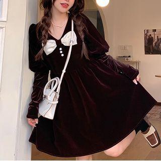 Long-sleeve Bow Accent A-line Dress Coffee - One Size