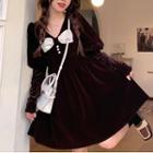Long-sleeve Bow Accent A-line Dress Coffee - One Size