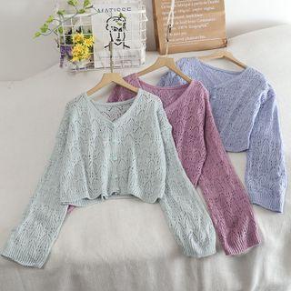 Long-sleeve V-neck Open-knit Cardigan