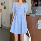 Square Neck Short-sleeve A-line Dress Blue - One Size