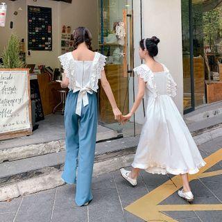 Lace-hem Blouse / Lace Hem Sleeveless Dress With Bow