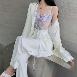 Floral Embroidered Camisole Top / Wide Leg Pants / Single-breasted Blazer