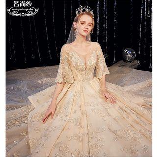Elbow-sleeve Floral Embroidered A-line Wedding Gown
